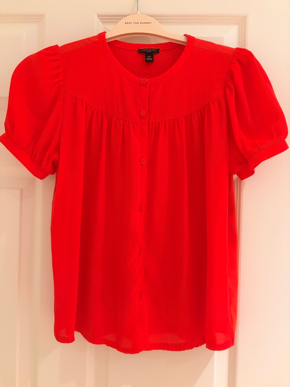 Ann Taylor- Vibrant Red Puff-Sleeve Button Front Blouse